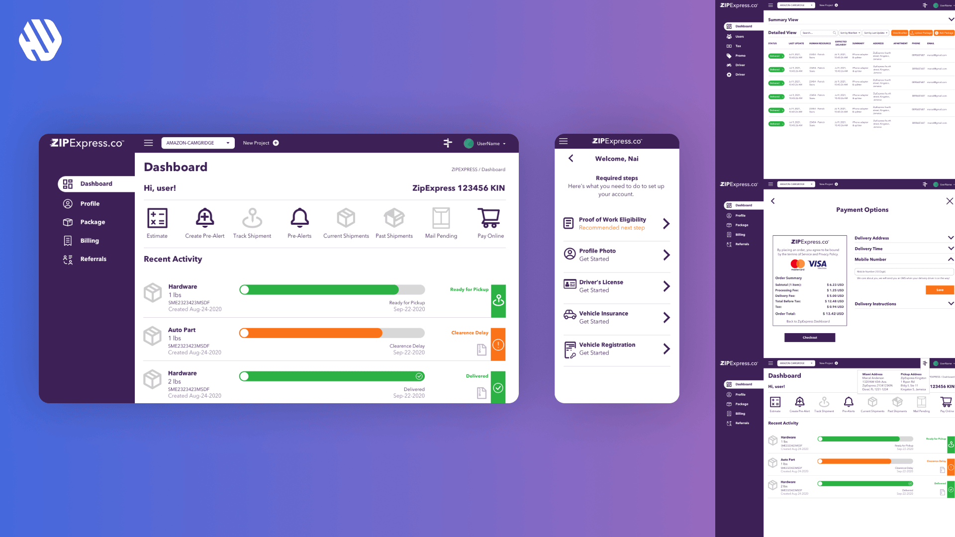 Screenshots of various user interface designs for the ZIPExpress brand, showing dashboards and payment options.